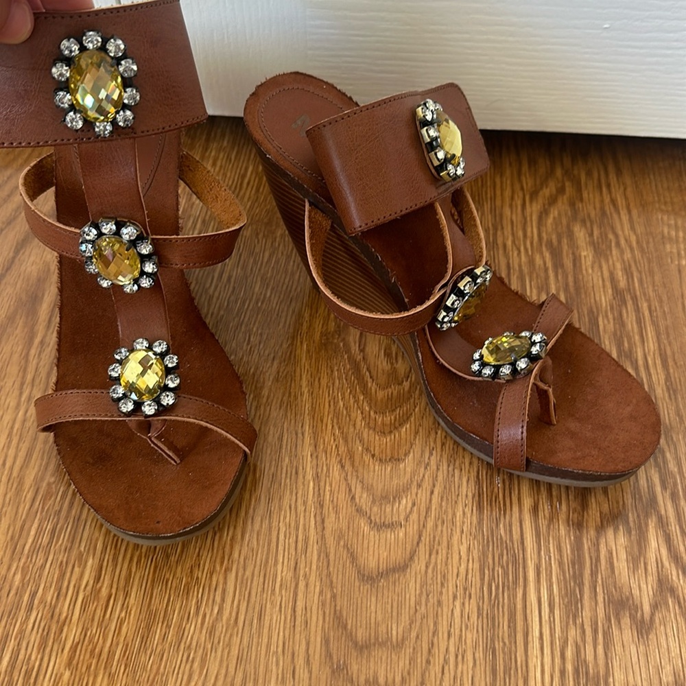 Brown ankle strap wedges